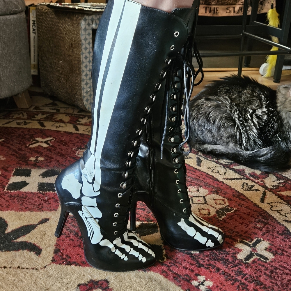 Skeleton Knee-High Lace-Up Studded Stiletto Heel Boots